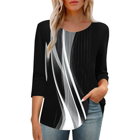 HomeGardon 3/4 Length Sleeve Womens Tops,Womens Shirts Women's Shirt Round Neck Cover Casual Pleated Tunic Top Curved Hem Printed Fashion Top,S-XXL