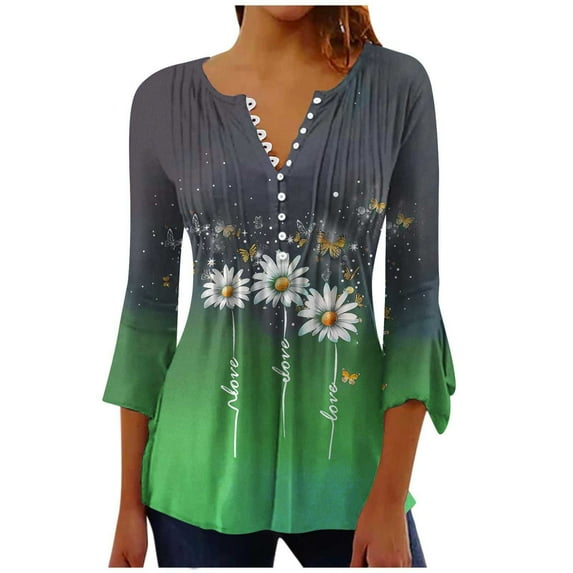 HomeGardon 3/4 Length Sleeve Womens Tops,Womens Shirts Women's Printed Casual Button Pleated Belted Horn Sleeve,S-XXL