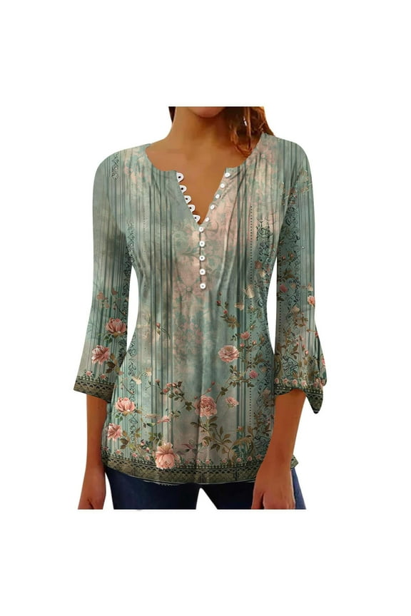 3/4 Length Sleeve Womens Tops,Womens Shirts Women's Printed Casual Button Pleated Belted Horn Sleeve,S-XXL
