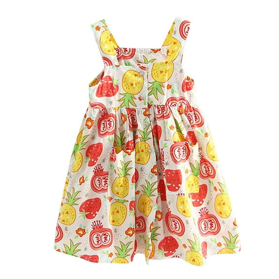 HomeGardon Baby Girl Dress 1-6 Years Old Toddler Kids Girls Summer Dress Cotton Comforty Sling White Fruit Printed Floral Casual Dress Front Buckle Pattern Girls Party Dress Sleeveless