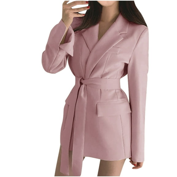 HomeGardon Blazers for Women Clearance! Women's Wrap-Front-Belted Blazer Casual Slim Fitted Long Sleeve Long Turndown Collar Blazers Jackets Solid Color Oversized, Work Office Blazers Fall Fashion