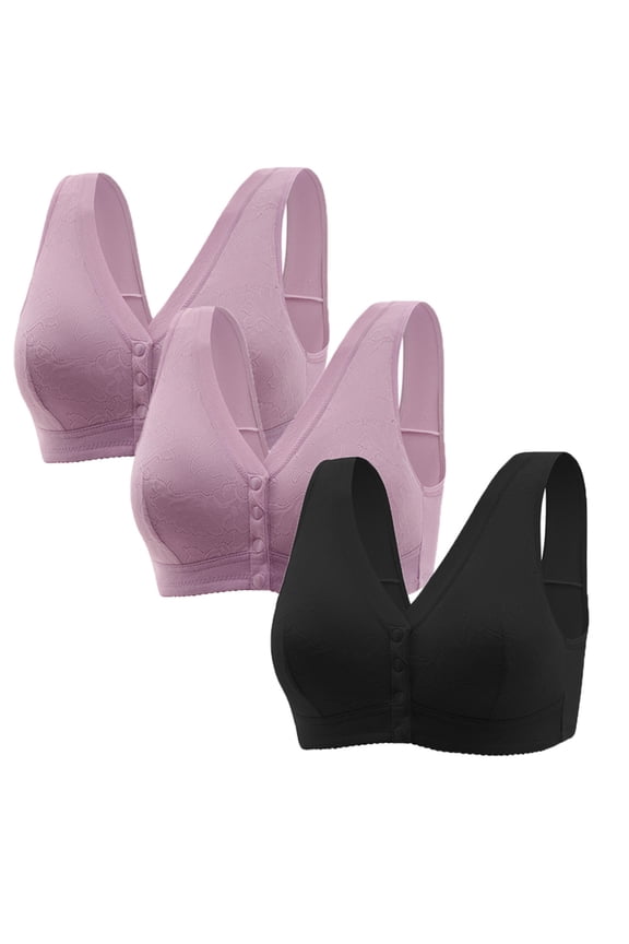 Bras 3 Packs Women's Front Closure Four Buttons Everyday Cozy Bras Full Coverage Wirefree Lace Plus Size Bra Racerback, Thin padded Plunge Easy Close Bras,No Underwire Bra