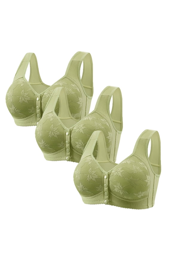 Bras 3 Packs Women's Front Closure Four Buttons Everyday Cozy Bras Full Coverage Wirefree Lace Plus Size Bra Racerback, Thin padded Plunge Easy Close Bras,No Underwire Bra