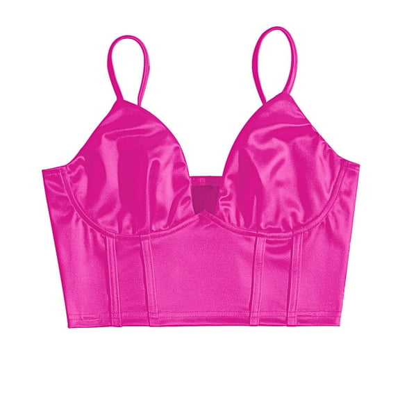 HomeGardon Camisoles for Women Women Sexy Spaghetti Strap Satin Crop Corset V Neck Sleeveless Crop Bustier Slim Fit Clubwear Crop Camis Top Black/White/Hot Pink XS-L