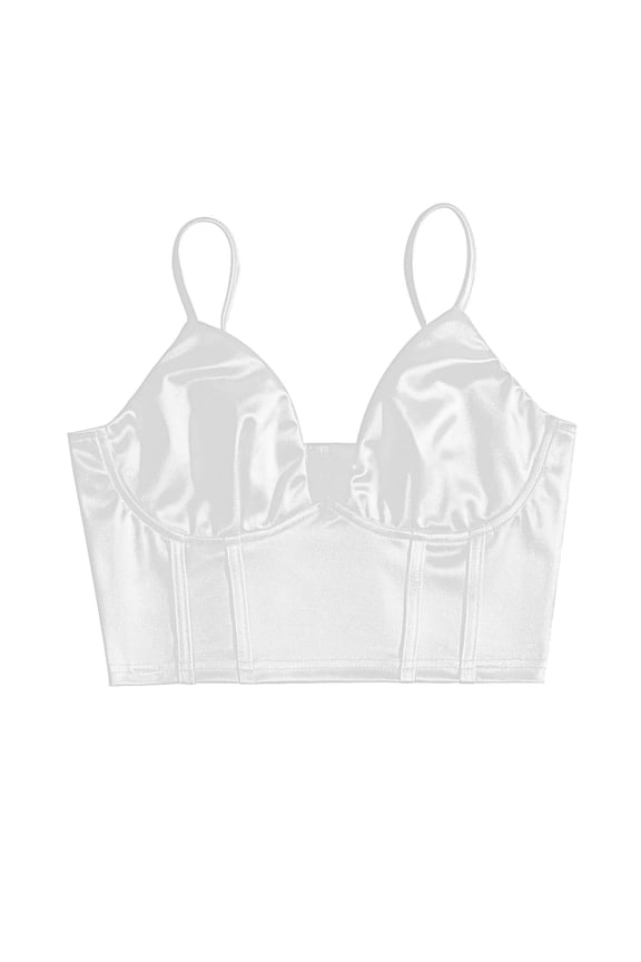 Camisoles for Women Women Sexy Spaghetti Strap Satin Crop Corset V Neck Sleeveless Crop Bustier Slim Fit Clubwear Crop Camis Top Black/White/Hot Pink XS-L