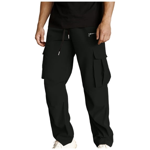 HomeGardon Cargo Pants for Men Casual Sport Pocket Drawstring Zipper Solid Color Elastic Waist Cargo Pants,S-XXL