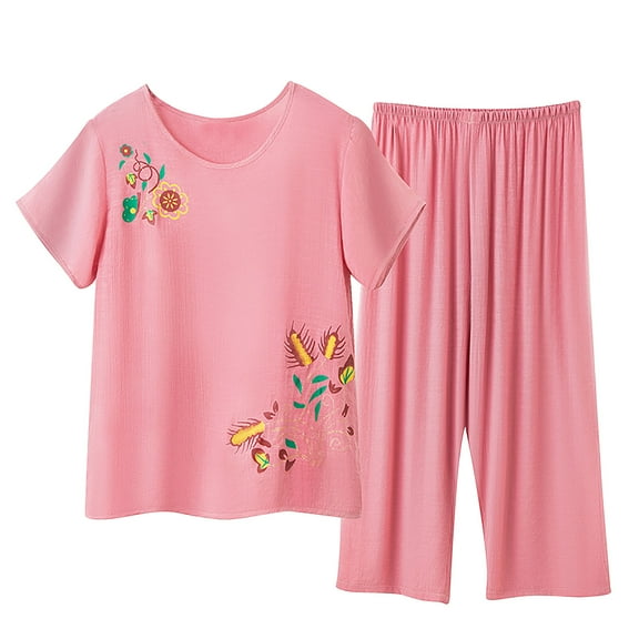 HomeGardon Women's Summer Capri Pajama Sets Floral Print Short Sleeve Sleepwear Top and Capri Pants 2 Piece Loungewear with Pockets Cotton Linen,Summer Pajama for Plus Size Women