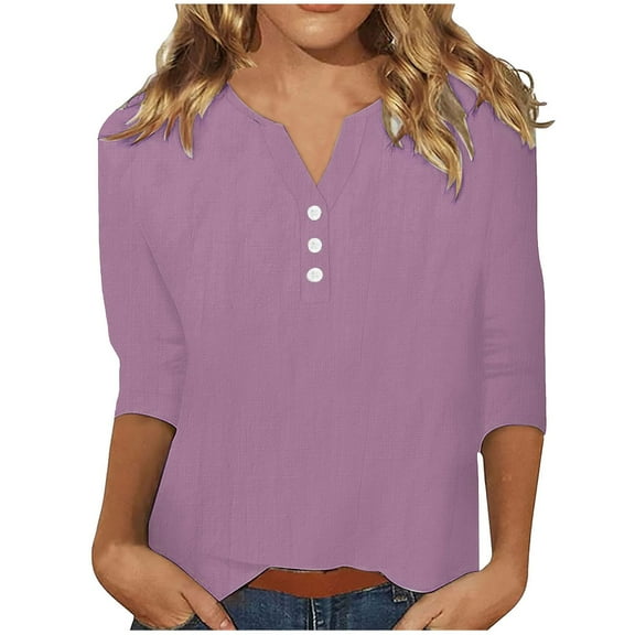 HomeGardon 3/4 Sleeve T Shirts for Women,Women's Cotton and Linen Top Fashionable Solid Color Button Up Shirt Women's V-neck Loose T-shirt Top Sleeve V-neck Top/shirt,S-XXXL