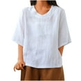thumbnail image 1 of HomeGardon Clearance!3/4 Sleeve T Shirts for Women,Women's Summer Irregular Split Cotton and Linen Thin Loose Large Size Three-quarter Sleeves V-neck Top/Shirt,M-XXXXL, 1 of 3
