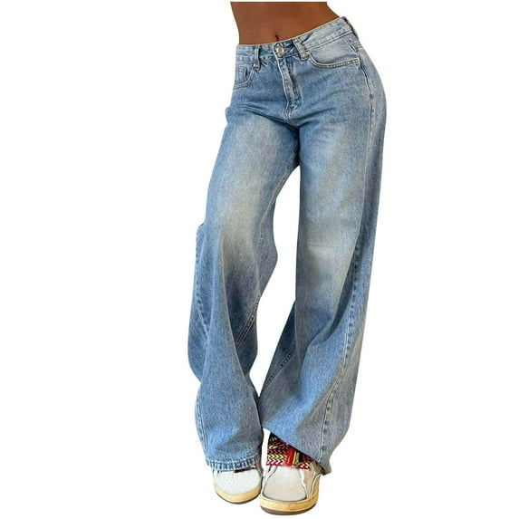 HomeGardon Jeans for Women,Pants for Women Fashionable and Casual Solid Color High Waistband Pocket Comfortable Straight Leg Wide Leg Mop Jeans,S-XXL