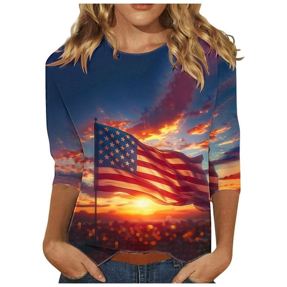 HomeGardon Shirts for Women Blouses Plus Size,Ladies' Loose Casual Independent Day Round Neck Quarter Sleeve 3/4 Sleeve T-shirt Top,S-XXXXXL