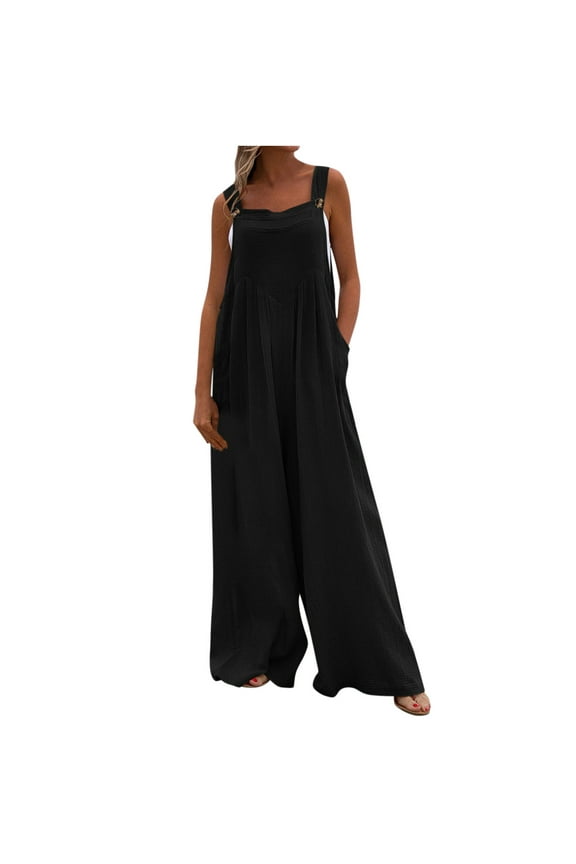 Women Wide Leg Solid Boho Dungarees Jumpsuits, Summer Sleeveless Loose Casual Overalls, Romper Bib Pants Jumpsuits Women Casual Button Long Playsuit