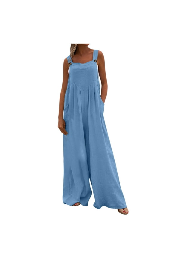 Women Wide Leg Solid Boho Dungarees Jumpsuits, Summer Sleeveless Loose Casual Overalls, Romper Bib Pants Jumpsuits Women Casual Button Long Playsuit