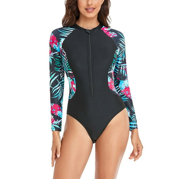 HomeGardon one Piece Swimsuit Women,Swimsuits for Women Long Sleeve Swimsuit Zipper Floral Printed Surfing Swimsuit,S-XXL