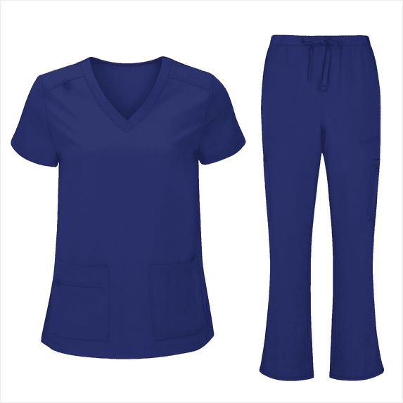 HomeGardon Scrub Set for Women Workwear Uniform Outfit Sets Women's V-Neck Top with Drawstring Pocket Pants and Casual Two-Piece Set for Care Workers,S-XXL