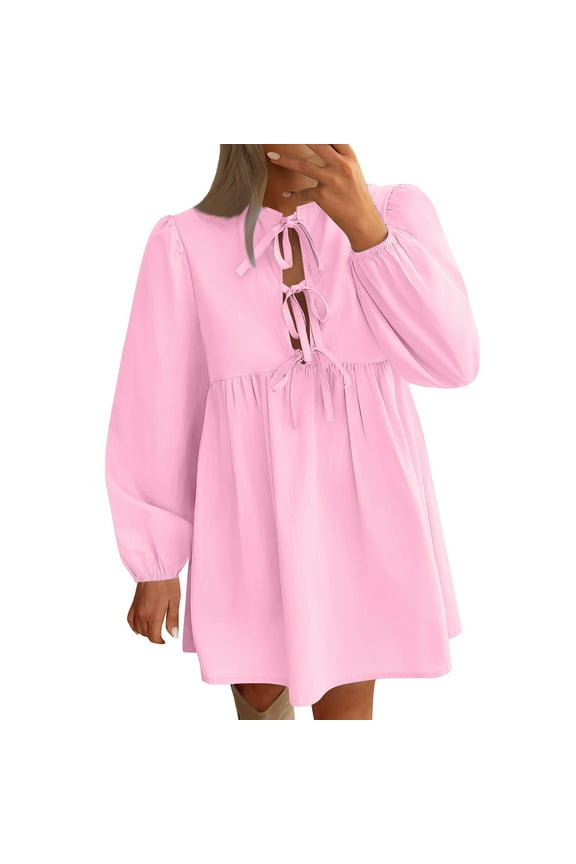 Dress for Women Dresses Spring Summer Long Sleeve Mini Dress Knee Length Crewneck Flowy Casual Swiss Dot Loose Babydoll Dress, Womens Round Neck A-line T-shirt Dress