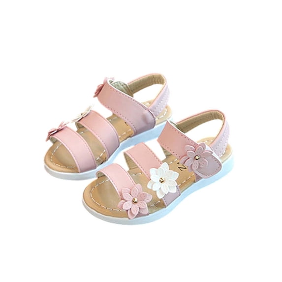HomeGardon Girls Sandals Middle and Large Children Spring and Summer Fashionable and Versatile Solid Color Flowers Flat Soft Sole Princess Sandals