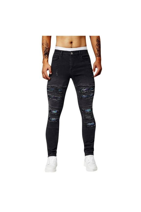 Jean Pants for Men Casual Fashion Perforated Patch Bright Sequin Pocket Solid Color Elastic Tight Fitting Small Leg Denim Pants