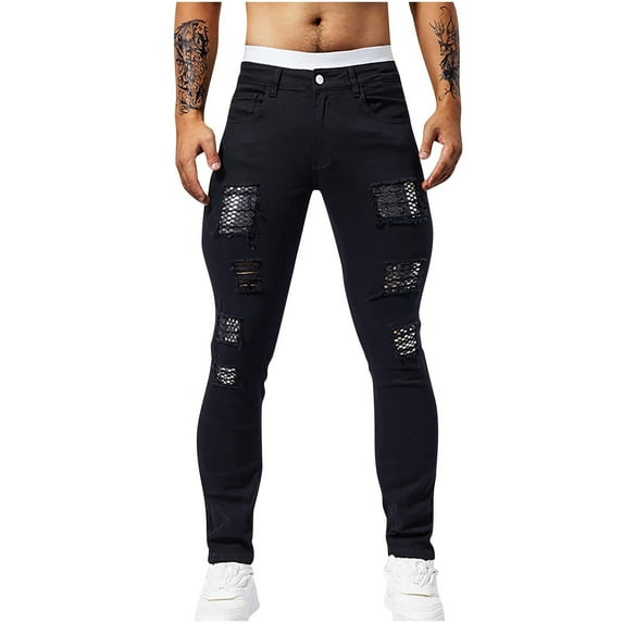 HomeGardon Jean Pants for Men Casual Fashion Perforated Patch Bright Sequin Pocket Solid Color Elastic Tight Fitting Small Leg Denim Pants