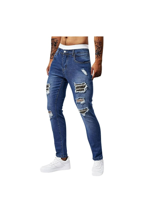 Jean Pants for Men Casual Fashion Perforated Patch Clinch Pocket Solid Color Elastic Tight Fitting Small Leg Denim Pants