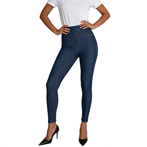 HomeGardon Jeans Leggings for Women Jegging Solid Color High Waisted Elastic Denim Double Pocket Leggings Fitness and Casual Leggings
