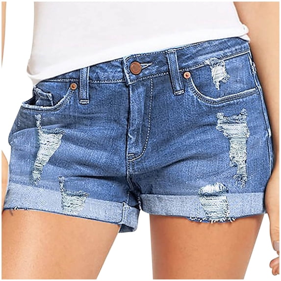 HomeGardon Jeans Short for Women Denim Button Zipper Rolled up Edges Shorts Hot Pants Summer Mid Waist Stretchy Pockets Jean Shorts