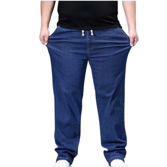 HomeGardon Jeans for Men Men's Plus Size Straight Tube Elastic Waist Drawstring Pocket Loose Wide Leg Jeans