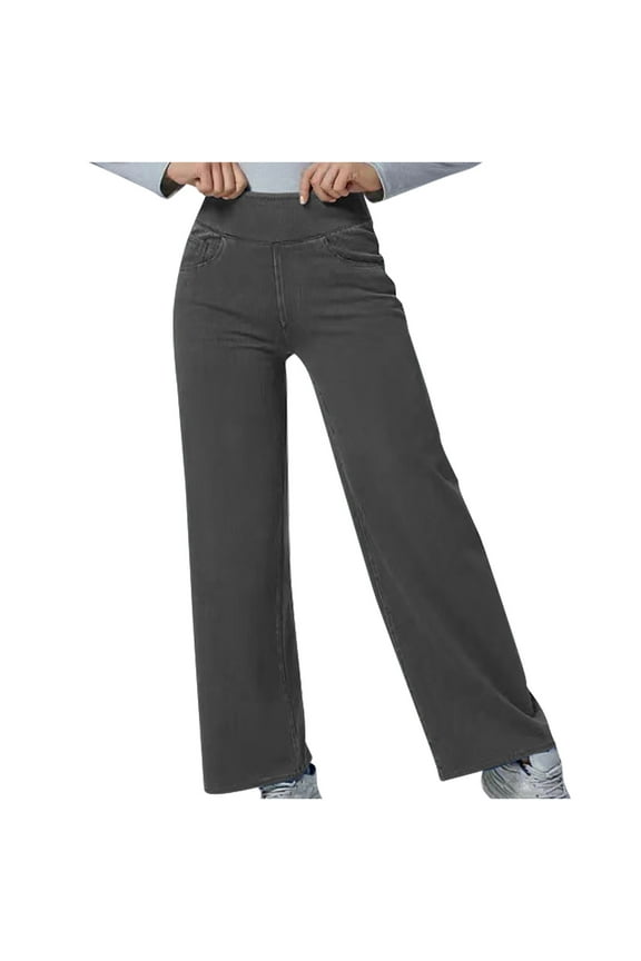 Jeans for Women High-Waist Wide Leg Jeans Solid Color Stretch Tummy Control Pockets Slim Fit Ankle Length Yoga Pants