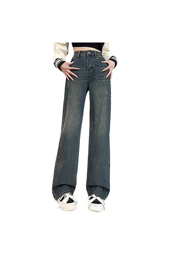 Jeans for Women Womens Solid Color High Waisted Straight Leg Pants Loose Denim Pants,XS-XXL