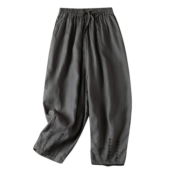 HomeGardon Linen Pants Women Pants for Women,Women's Solid Color Casual Elasticated Frenulum Literary and Revival Flax Harlan Ninth Pants Cotton and Linen Plus Size Pants,M-XXL