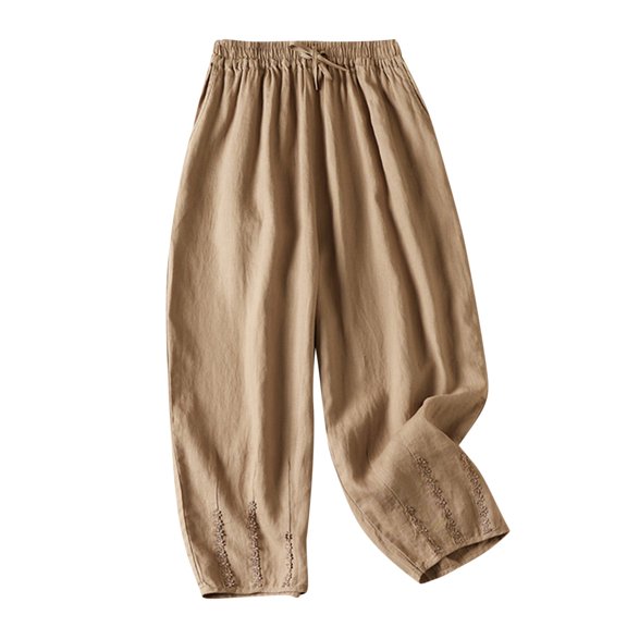 HomeGardon Linen Pants Women Pants for Women,Women's Solid Color Casual Elasticated Frenulum Literary and Revival Flax Harlan Ninth Pants Cotton and Linen Plus Size Pants,M-XXL