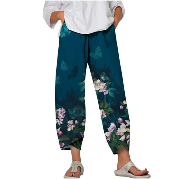 HomeGardon Linen Pants Women Plus Size Pants for Women,Casual Pocket Slim High Elastic Waist Print Sports Cotton and Linen Pants,S-XXXXXL