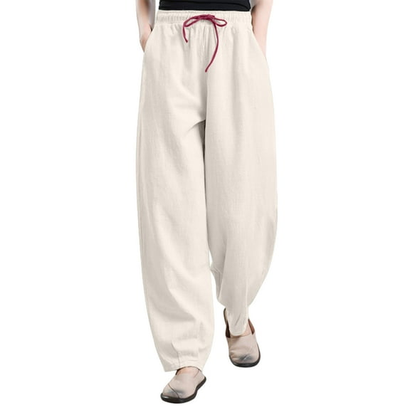 HomeGardon Linen Pants Women Plus Size Pants for Women,Womens Solid Color Cotton and Linen Casual Lantern Pocket Drawstring Pants,M-XXXXXL
