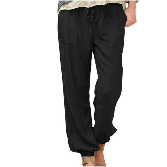 HomeGardon,Linen Pants Women Fashion Casual Solid Color Elastic Loose Pants Straight Bound Feet Trousers Pants,S-XXXL