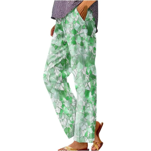 HomeGardon,Linen Pants Women Women's Printed Rolled Casual Pocket Straight Leg Pants,L-XXXXL