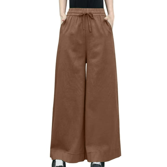 HomeGardon Linen Pants Women Wide Leg Pants Womens Solid Color High Waist Hanging Feeling Large Size Loose Casual Linen Straight Leg Pants,Free Size