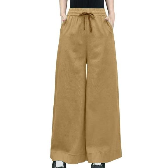 HomeGardon Linen Pants Women Wide Leg Pants Womens Solid Color High Waist Hanging Feeling Large Size Loose Casual Linen Straight Leg Pants,Free Size