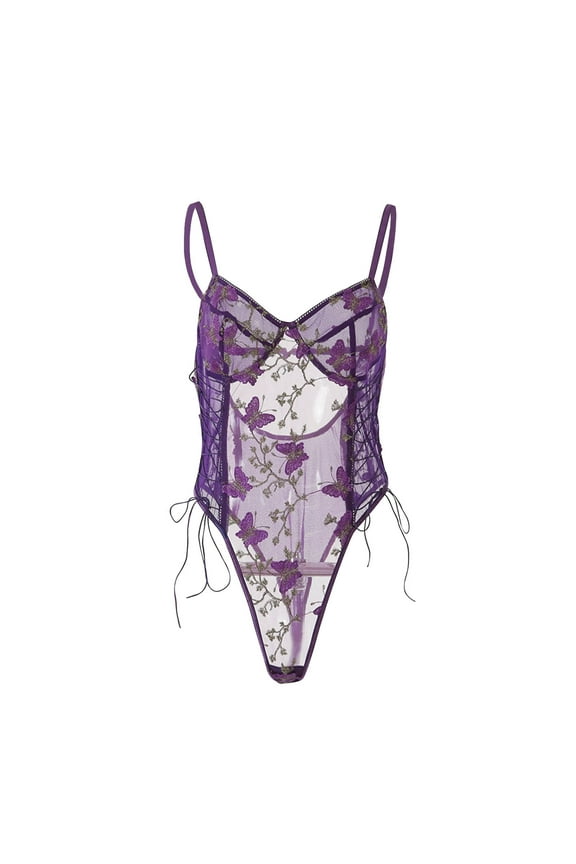 Lingerie for Women Women Sexy Lace Up Floral Embroidered Teddy Lingerie Bodysuit Top Mesh Sheer One Piece Blue S-XL