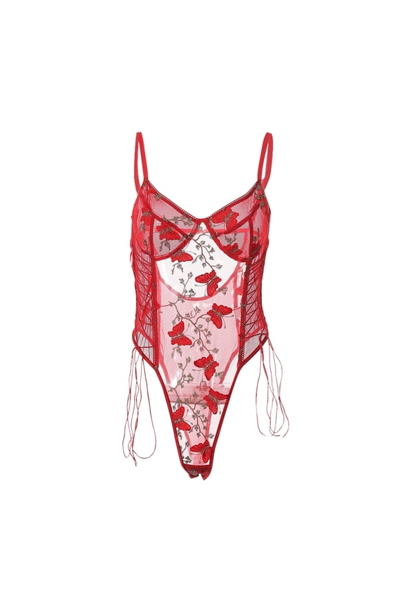 Lingerie for Women Women Sexy Lace Up Floral Embroidered Teddy Lingerie Bodysuit Top Mesh Sheer One Piece Blue S-XL