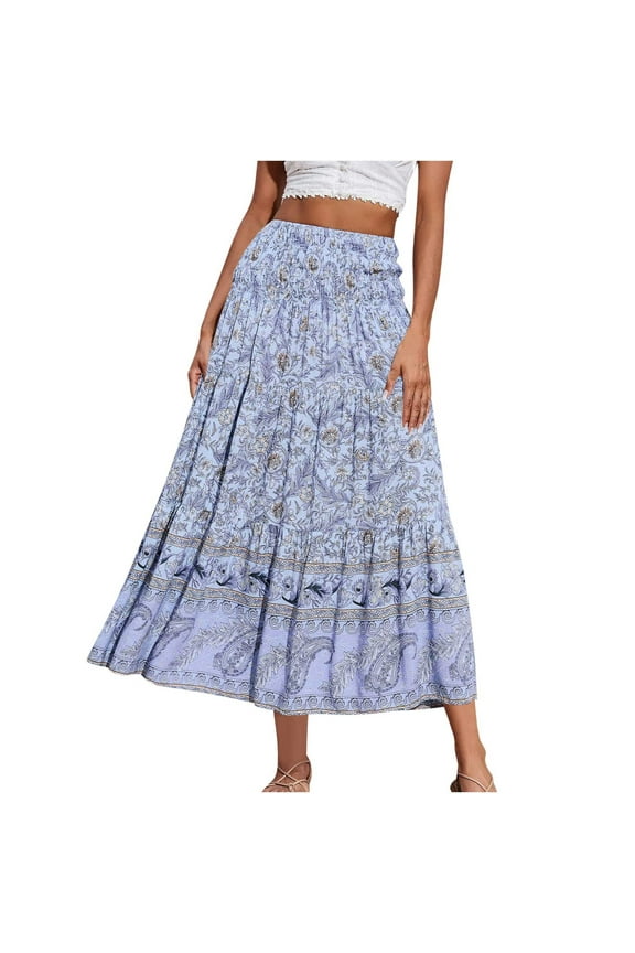 Maxi Skirts for Women Bohemian Long Skirts Flowy High Waist A Line Maxi Skirts for Women Summer Pleated Mini Skirts,S-XXXL