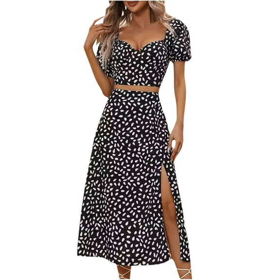 HomeGardon Maxi Skirts for Women Summer Fashion Set Printed-neck Short Sleeve Split Set Skirt,S-XL