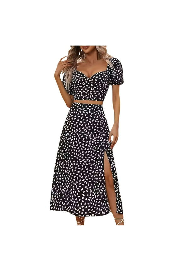 Maxi Skirts for Women Summer Fashion Set Printed-neck Short Sleeve Split Set Skirt,S-XL