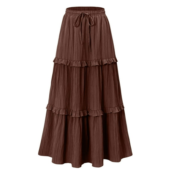 HomeGardon Maxi Skirts for Women Summer Casual Fashion Solid Color Fold Drawstring Elastic Waist Skirt,S-L