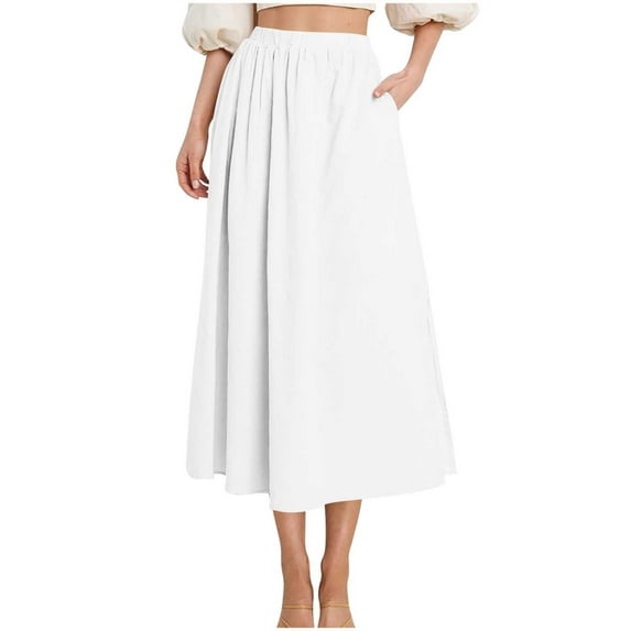 HomeGardon Maxi Skirts for Women Summer Casual Fashion Solid Color Fold Pocket Elastic Waist Skirt,S-XL