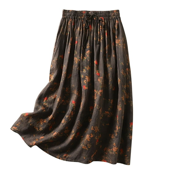 HomeGardon Maxi Skirts for Women Long Skirts Summer Ladies' Pocket Elastic Waist Strap Lined with Printed Double-Layer-line Skirt,M-XXL