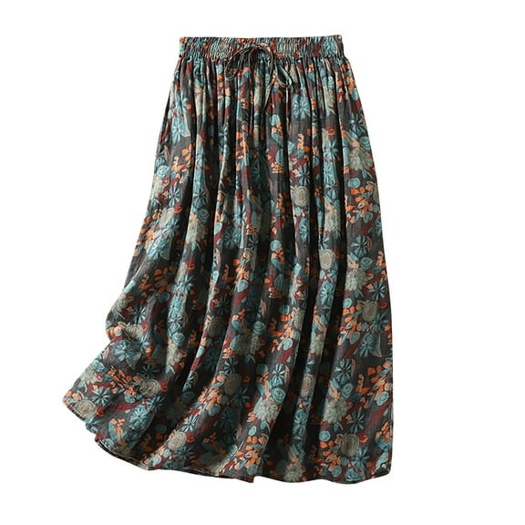 HomeGardon Maxi Skirts for Women Long Skirts Summer Ladies' Pocket Elastic Waist Strap Lined with Printed Double-Layer-line Skirt,M-XXL