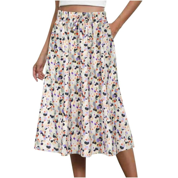 HomeGardon Maxi Skirts for Women Long Skirts Summer Ladies' Printed Elastic Waistband with Zip Pockets and Knee Length Skirt,S-XXL