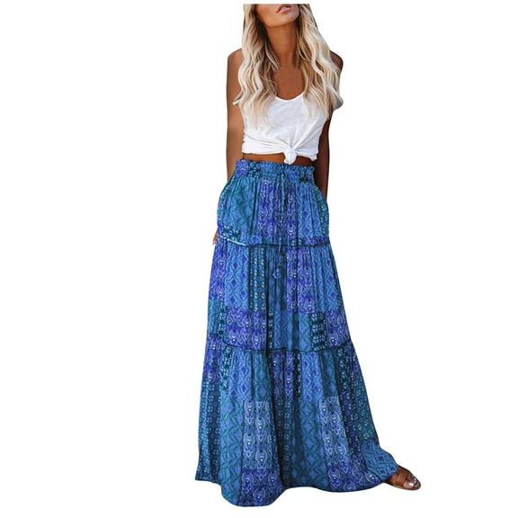 HomeGardon Maxi Skirts for Women Long Skirts Summer Women's Bohemian Style Loose Fitting Casual High Waisted Half Length Skirt,S-XXL