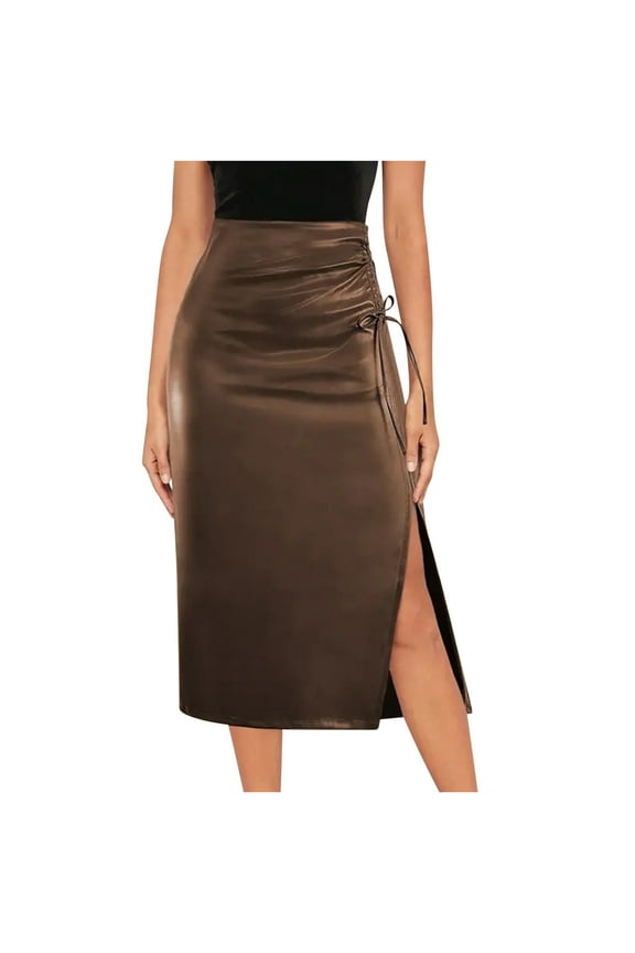 Maxi Skirts for Women Long Skirts Summer Women's Casual High Waisted Drawstring Pleated Slit Zippered Leather Skirt Half Skirt,S-XXL