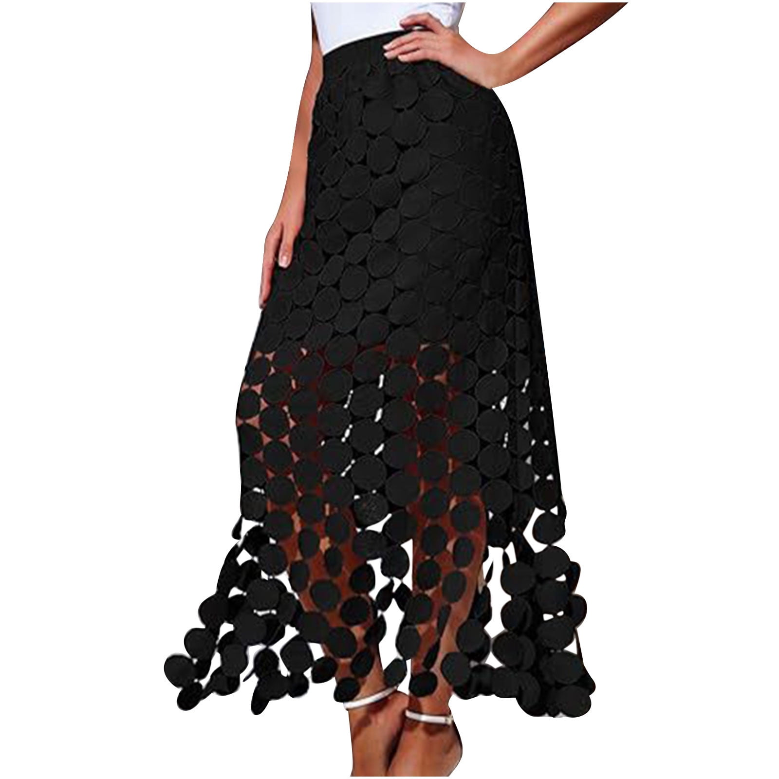 Keasmto Women Skirts Black Pleated Midi Long High Waist